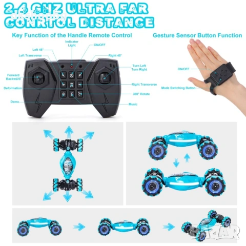  4655 Офроуд Каскадьорска Количка 4WD с Жестово Управление, Трансформиращ се Корпус и LED Светлини, снимка 4 - Коли, камиони, мотори, писти - 54445556