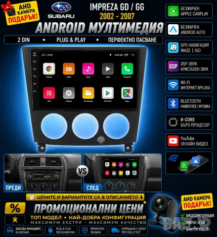 Мултимедия, Двоен дин, за Subaru Impreza, GD, GG, Навигация, Субаро, радио, плеър, Android, 2 DIN