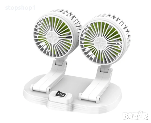 Преносим вентилатор за кола 12V/24V с две глави и USB, 2 скорости, регулируемо въртене на 360°, идеа