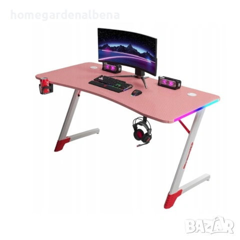 Розово геймърско бюро 140x60x75 см, RGB LED осветление, карбонов плот, стойка за слушалки и напитки, снимка 4 - Бюра - 54687161