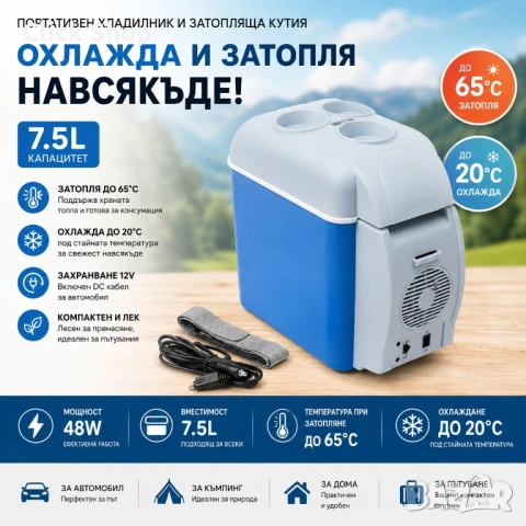 Портативен мини хладилник ED-002, 7.5L, Син – Работи в автомобил а (12V запалка )
