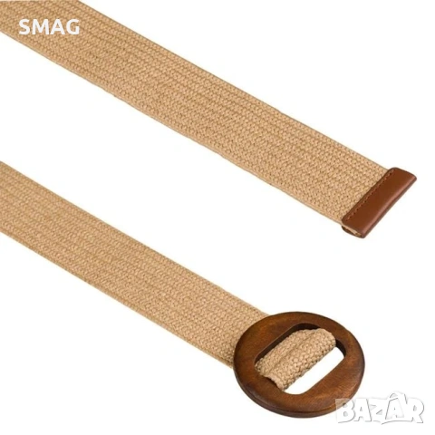 Дамски еластичен колан бежов с дървена катарама 100x5cm_1204891, снимка 2 - Колани - 54711073