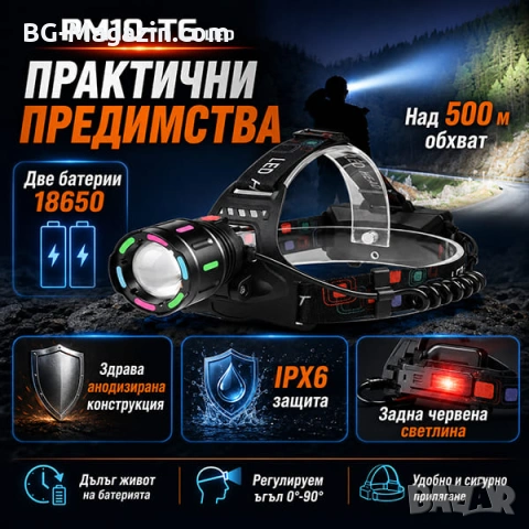 Мощен далекобоен акумулаторен LED челник за глава с лазерен диод риболов каска преходи PM10-TG, снимка 5 - Къмпинг осветление - 50938479
