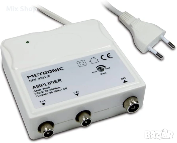 Metronic 332176 – Вътрешен усилвател за FM/VHF/UHF с регулиране на усилването до 30 dB и 4G филтър, снимка 2 - Приемници и антени - 55210675