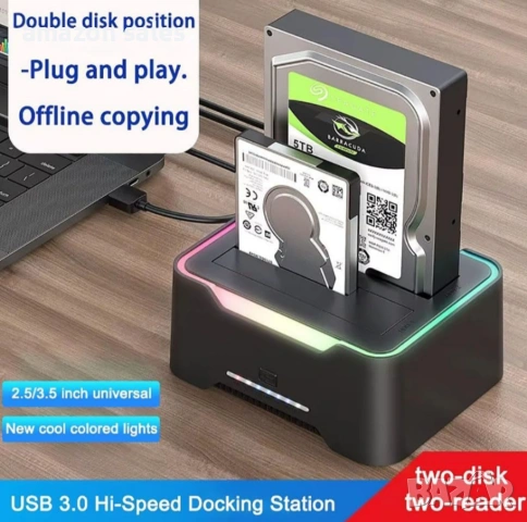 Докинг станция за RGB твърд диск, двойна докинг станция за 2,5/3,5 инча SATA HDD SSD,клониране..., снимка 11 - Твърди дискове - 54575553