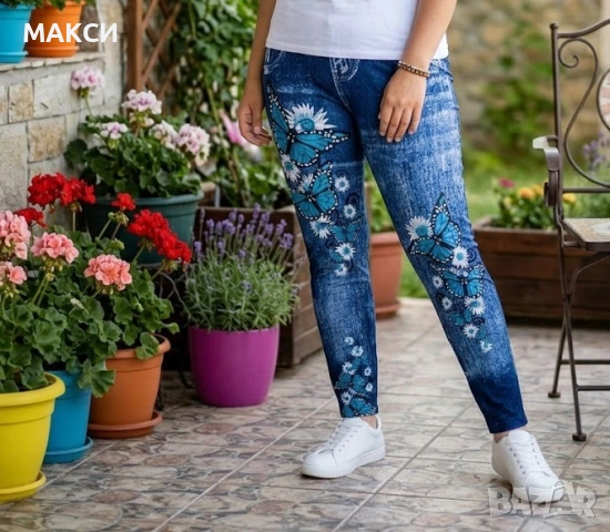 Модерен еластичен и мек клин с висока ластична талия в изтъркано синьо с красиви щампи имитация дънк