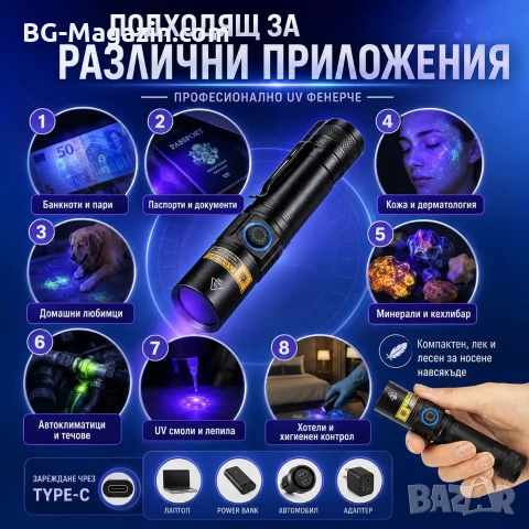 Мощен UV фенер 365nm презареждаем ултравиолетов фенер с черен филтър и Type-C, снимка 5 - Други инструменти - 55123770