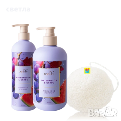 Шампоан +душ гел „Диня и грозде“- ПОДАРЪК Двустранна кърпа за под, снимка 3 - Козметика за тяло - 54156760