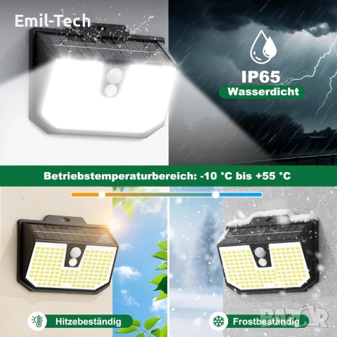 Комплект от 3 Нови Соларни LED лампи със сензор за движение IP65, снимка 6 - Външни лампи - 54680699