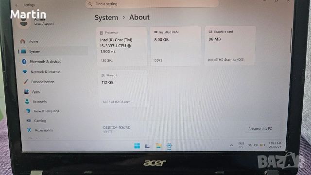 Windows 11, 11" екран, Intel i5, 8GB RAM, 120GB SSD, 79€ Варна Acer Aspire v5-171, снимка 2 - Лаптопи за дома - 52868337