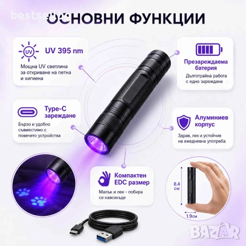 Акумулаторен UV фенер 395nm Type-C ув фенерче за петна от урина домашни любимци и хигиена, снимка 5 - Къмпинг осветление - 55154576