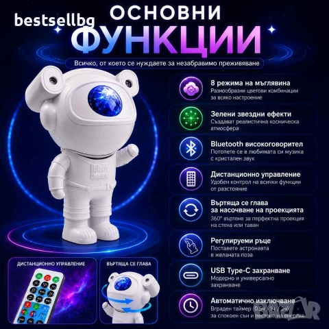 Лазерен звезден проектор астронавт парти диско лампа нощна LED, снимка 2 - Детски нощни лампи - 45418851