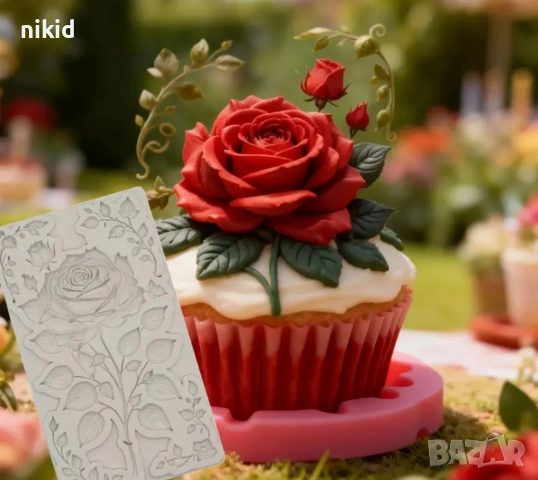 Вечна Роза с листа силиконов молд форма фондан шоколад декор украса, снимка 4 - Форми - 54020407