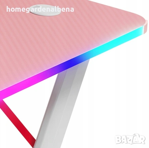 Розово геймърско бюро 140x60x75 см, RGB LED осветление, карбонов плот, стойка за слушалки и напитки, снимка 3 - Бюра - 54687161