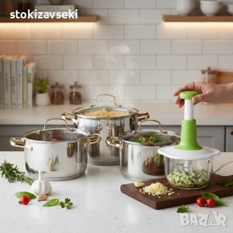 Комплект тенджери с елегантни златисти дръжки DJ24 + Подарък Ръчен чопър KN3