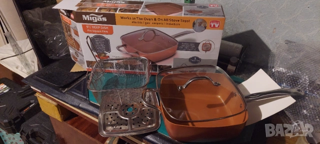 Нов дълбок меден тиган Copper Pan, Комплект 6 в 1, Незалепващо CeramiTech покритие, Индукционно дъно, снимка 15 - Съдове за готвене - 46104920