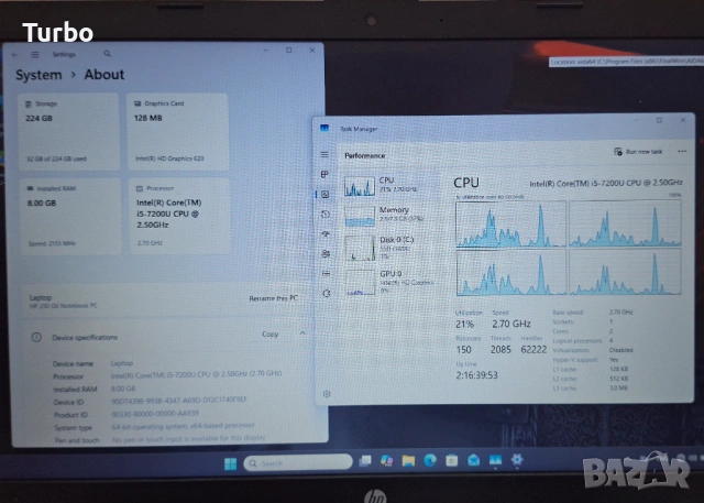 15.6' FullHD HP 250 G6 Core i5-7200U/8GB DDR4/256GB SSD/Бат.4ч, снимка 4 - Лаптопи за работа - 54839755