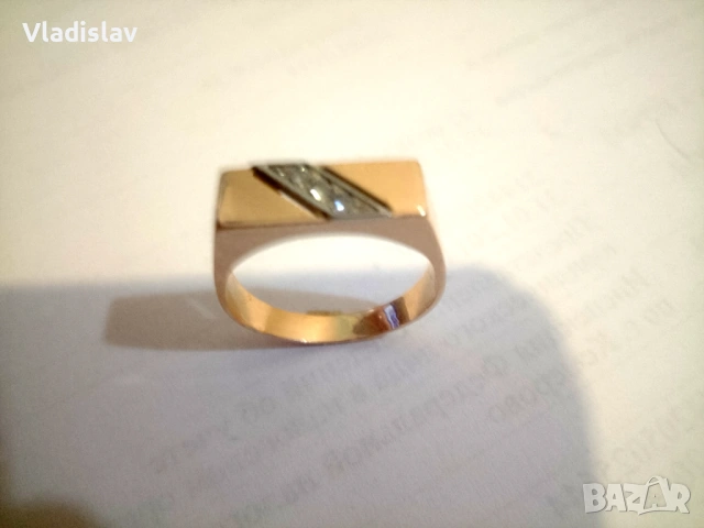 Руско злато Елегантен мъжки пръстен с естествени диаманти, снимка 2 - Пръстени - 54146762