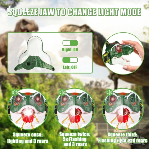 Челник с динозавър - играчка T-Rex за деца, LED фенерче, реалистични звуци, снимка 4 - Други - 54105692