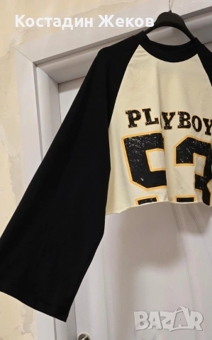  Нов със етикет. Оригинален дамски кроп топ Missguided x Playboy Long Sleeve Raglan Crop Top , снимка 7 - Корсети, бюстиета, топове - 55215669