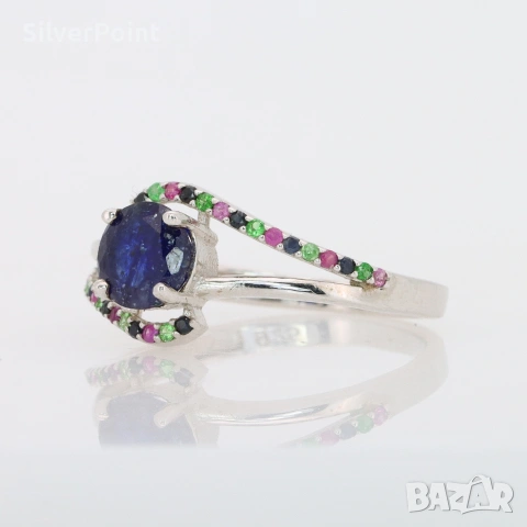 Сребърен пръстен със Сапфир Royal Blue, Рубини и Цаворити със сертификат , снимка 2 - Пръстени - 54640234