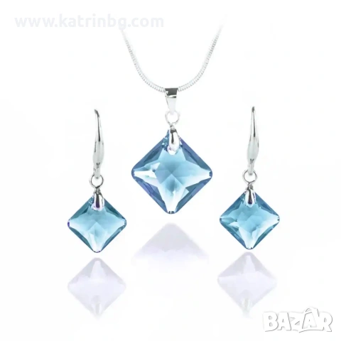 Комплект бижута Aquamarine със сини кристали – колие и обеци Square