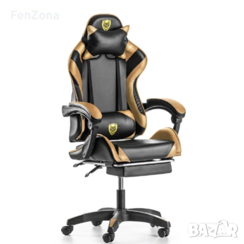 Черен геймърски стол с златисти акценти и разтегляема поставка за крака – луксозен комфорт без компр, снимка 2 - Столове - 54096553