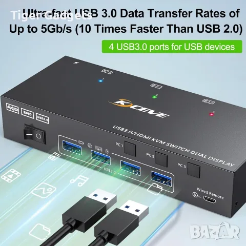 Kceve KVM302AS KVM суич за 3 компютъра и 2 монитора, 4K@60Hz, USB 3.0, EDID, HDMI, снимка 4 - Кабели и адаптери - 55559074