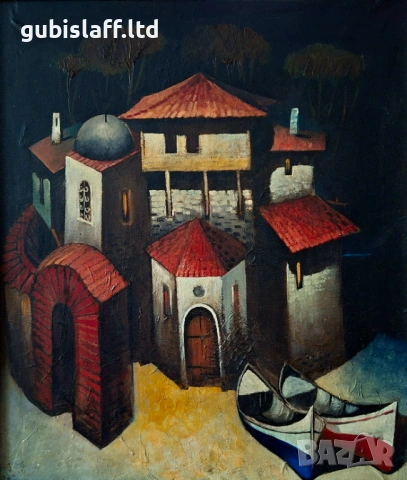 Картина, пейзаж, лодки, неразчетен автор, 1991 г., снимка 2 - Картини - 54420698