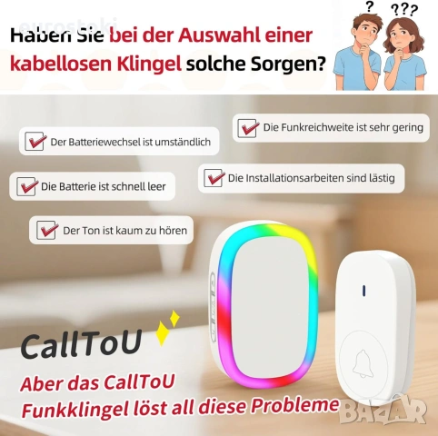 CallToU LED цветен безжичен звънец за възрастни хора, без батерия - светлинен звънец за хора , снимка 4 - Други стоки за дома - 54986562