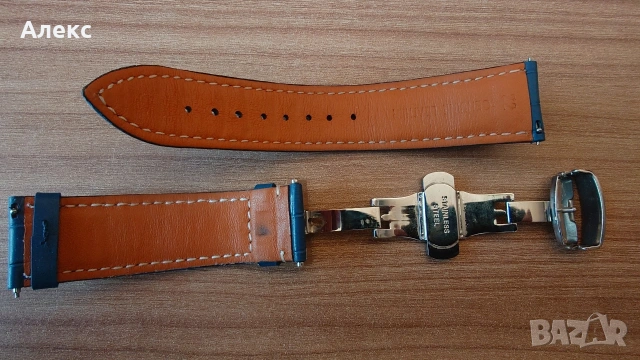 Синя кожена каишка за часовник 22 мм с разгъваща се закопчалка (Folding Clasp)., снимка 3 - Каишки за часовници - 54247163