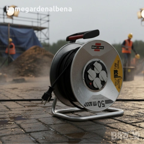 Електрически удължител с макара KraftRoyal 50 м, 4 гнезда, 2x2.5 мм², метален корпус, снимка 3 - Други инструменти - 54142785