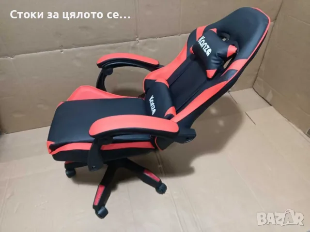 Удобен геймърски стол с поставка за крака и масажна лумбална възглавница, Черно-червен, до 120кг , снимка 3 - Столове - 55405972