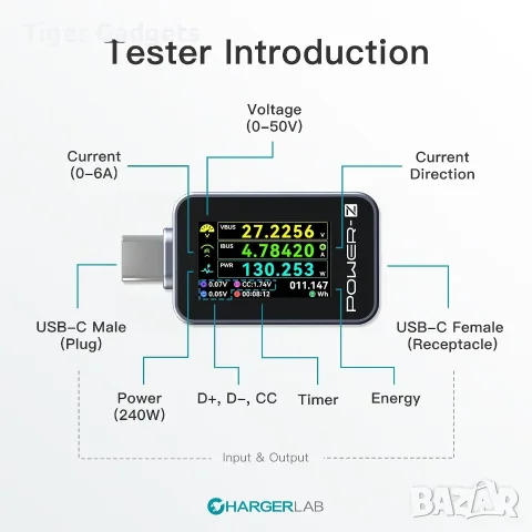 Power-Z C240 USB-C тестер 240W с цветен дисплей, PD 3.1, QC 5.0, USB Type-C, снимка 2 - Кабели и адаптери - 55588604