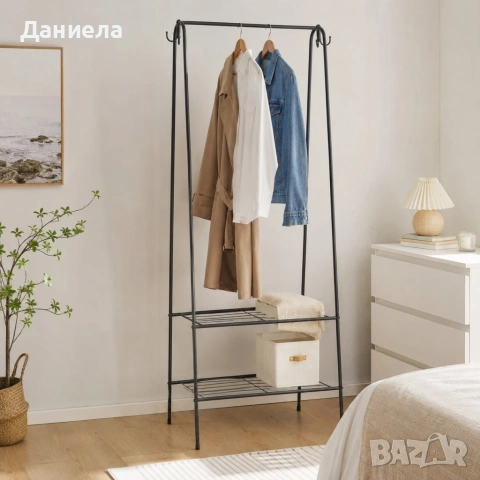 Метална закачалка за дрехи с 2 рафта за обувки и 4 куки – Отворен гардероб органайзер 109x41x150 см, снимка 2 - Други стоки за дома - 54840125