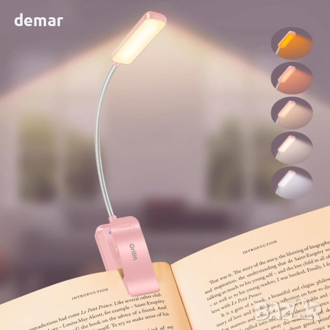 Gritin смарт LED лампа за книга с гъвкава шия, 5 нива яркост и регулиране на цветна температура