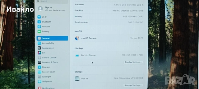  MacBook Air "Core i5" 1.7 11" (Mid-2013) A1465,OS Sequoia 15.7.7, снимка 2 - Лаптопи за дома - 42649980