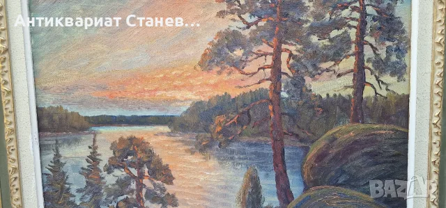 🌲 ВПЕЧАТЛЯВАЩ СКАНДИНАВСКИ ПЕЙЗАЖ – МАСЛЕНА ЖИВОПИС В БОГАТА ДЕКОРАТИВНА РАМКА 🇸🇪🎨, снимка 6 - Антикварни и старинни предмети - 55304511
