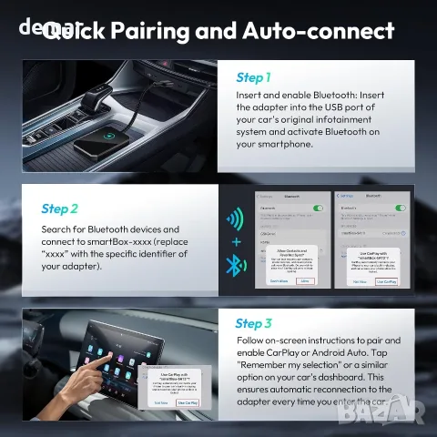 Basesailor Безжичен CarPlay и Android Auto адаптер, 2-в-1, автомобили от 2015 г., снимка 5 - Аксесоари и консумативи - 55517306