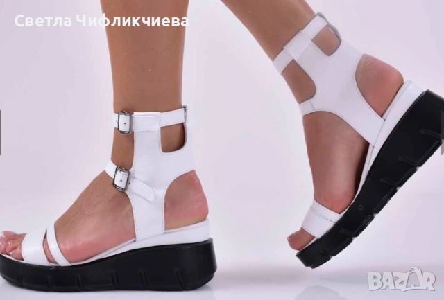 Дамски сандали на платформа бели - естествена кожа 