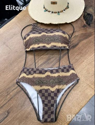 Стилни дамски бански с висока талия и марков принт Louis Vuitton Burberry Christian Dior , снимка 2 - Бански костюми - 54599339