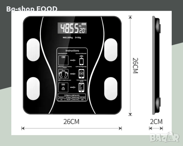Домакински кантар за телесно тегло до 150кг с блутут и LCD дисплей, снимка 2 - Електронни везни - 54006678