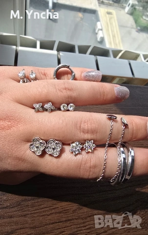 Лот Сребро 925 – 9 чифта обеци и 4 пръстена (вкл. Pandora), снимка 4 - Обеци - 54194170