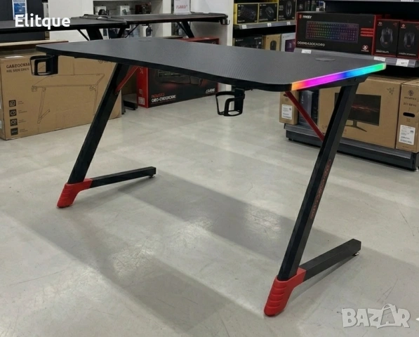 Геймърско бюро с RGB LED подсветка, карбонов плот и стоманена Z-конструкция, 120 см, черно/червено