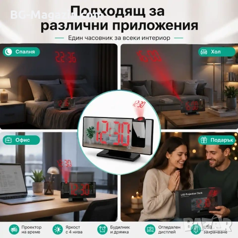 Електронен настолен часовник с проектор таван LED дигитален термометър аларма будилник USB на ток, снимка 7 - Други - 51039079