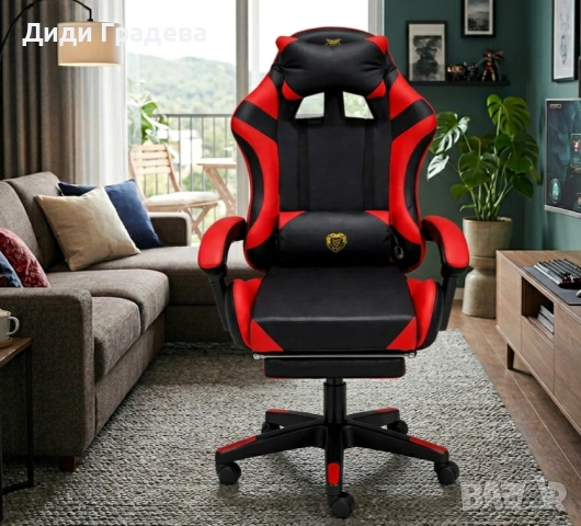 Удобен геймърски стол с поставка за крака и масажна лумбална възглавница, Черно-червен