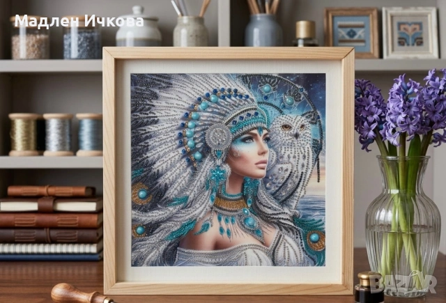 Елмазен гоблен "Принцесата с бялата сова" - в рамка, ръчна изработка