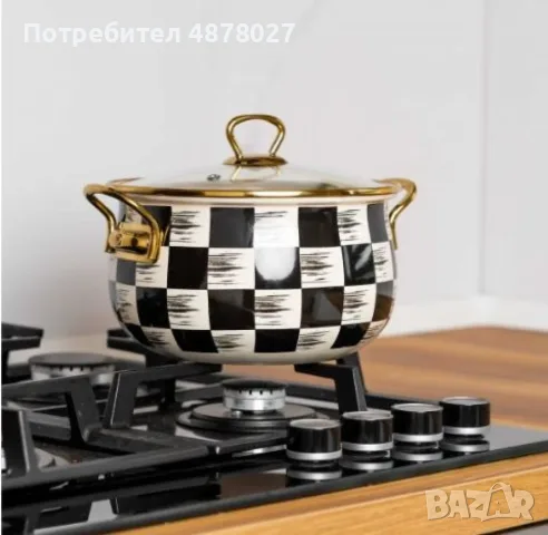 Тенджера Goldmann 24x15см. 6.2л./  26x16см. 8.5л., 4л., 5л., Емайл. Индукция. Бял/Черен каре, снимка 2 - Съдове за готвене - 55525799