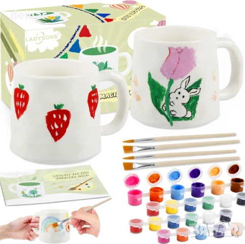 Комплект за рисуване „Направи си сам“ върху чаши, 2 чаши, четки, бои и ръководство за вдъхновение