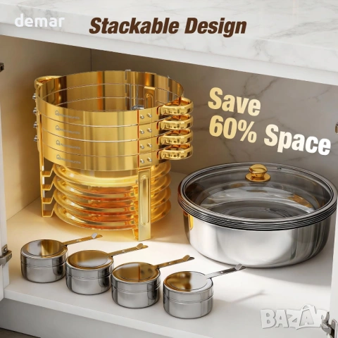 Комплект за бюфет WARMOUNTS 6L Gold Chafing Dish, 2 броя, кръгли съдове за затопляне с капак, снимка 5 - Сервизи - 54328098